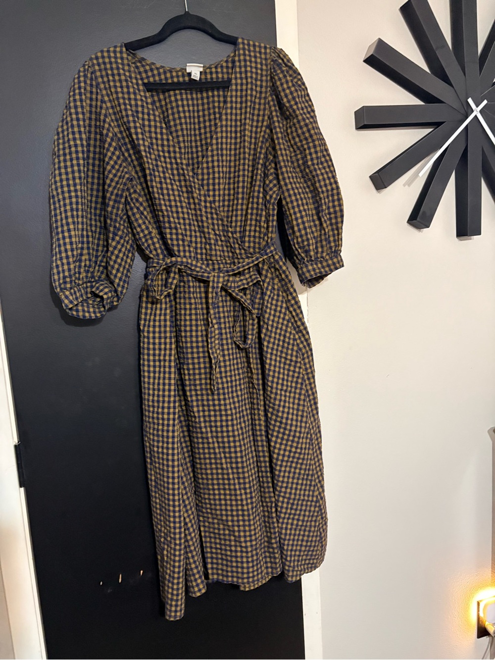 Woven Check Wrap Midi Dress in Brown and Black size XL